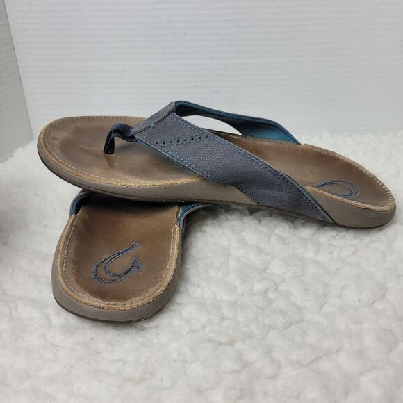 OluKai Nui Sandal Mens Flip Flop Size 12 Tan Gray Leather Sandals - Picture 6 of 11